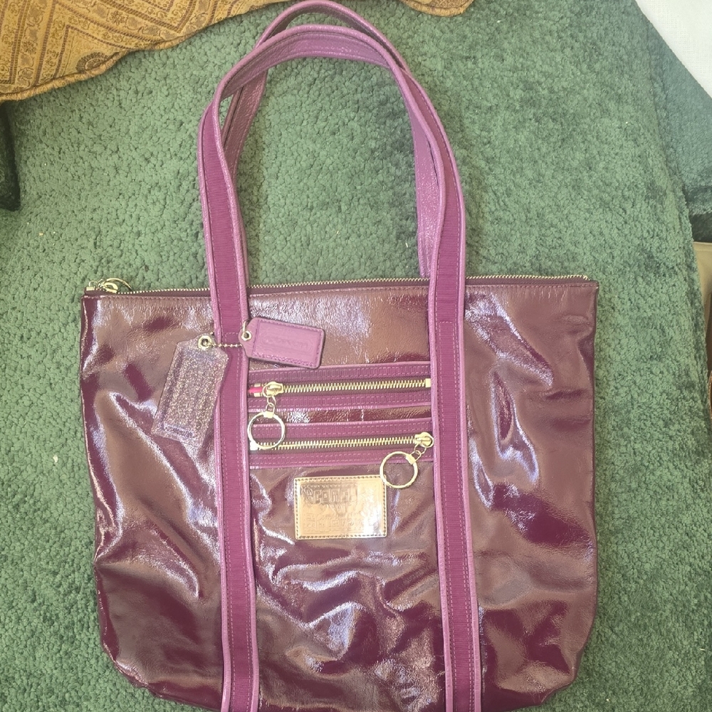 Coach Poppy Patent Leather Tote And Matching Wallet in Plum